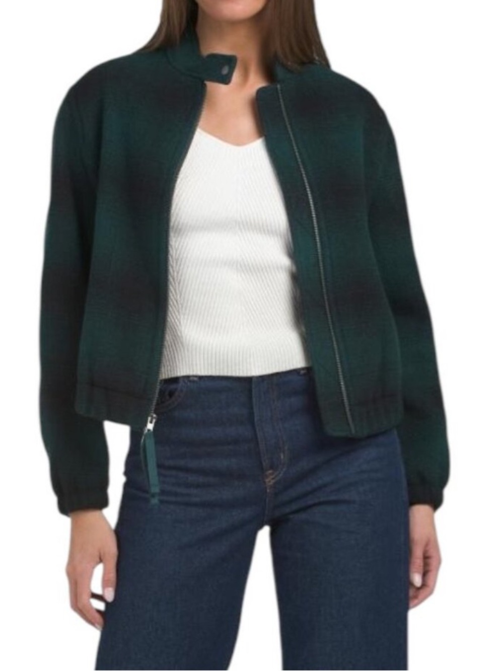 VINCE Wool Blend Shadow Plaid Bomber Jacket
